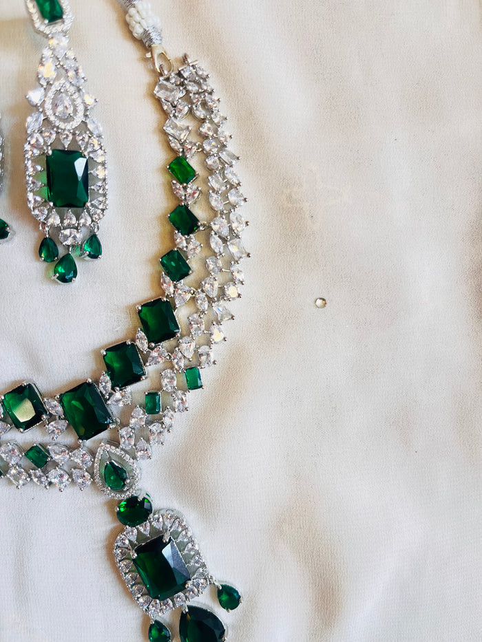 MOHAR emerald-tone statement choker necklace set with American Diamond stones