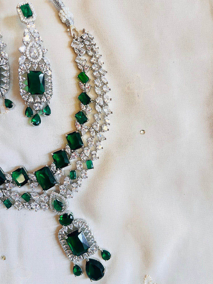 MOHAR emerald-tone statement choker necklace set with American Diamond stones