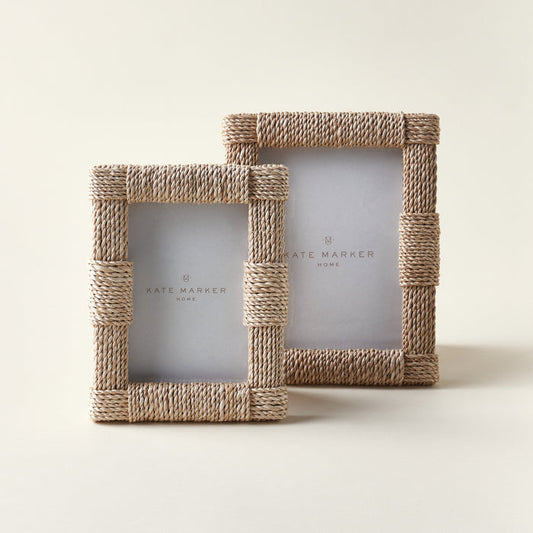 A set of two decorative photo frames in different sizes, both wrapped in a natural abaca rope texture.