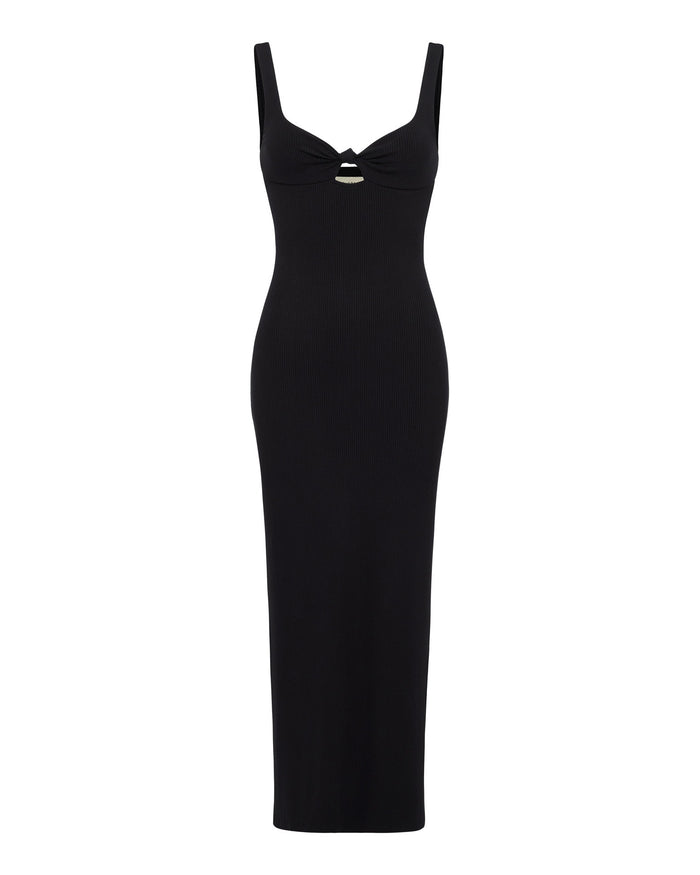 Off-model view of the LSPACE Alexis Dress in black, displayed to show the ribbed maxi silhouette with sweetheart neckline and center keyhole cutout.
