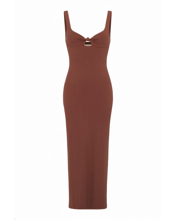 Off-model view of the LSPACE Alexis Dress in cafe, a fitted ribbed midi dress in chocolate brown with thick straps, a sweetheart neckline, and a small front cutout detail.