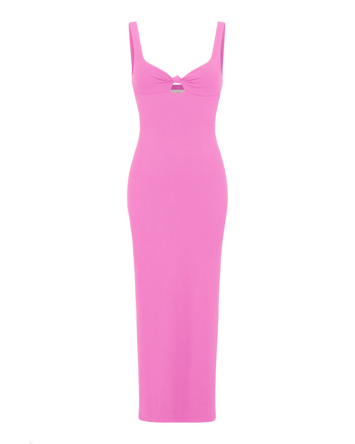 Off-model view of the LSPACE Alexis Dress in Sweetheart, a bright pink fitted ribbed knit maxi dress with a sweetheart neckline and keyhole cutout, displayed on a white background.
