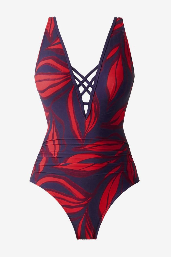 Red leaf printed one-piece swimsuit with an X front