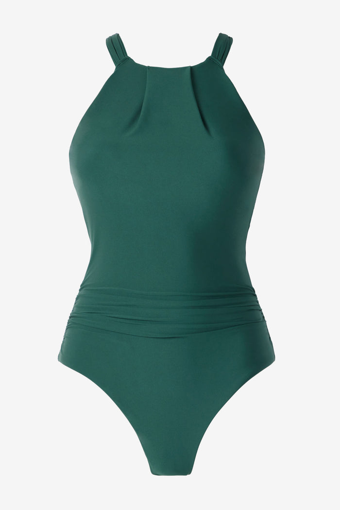 Dark green high-neck one-piece swimsuit