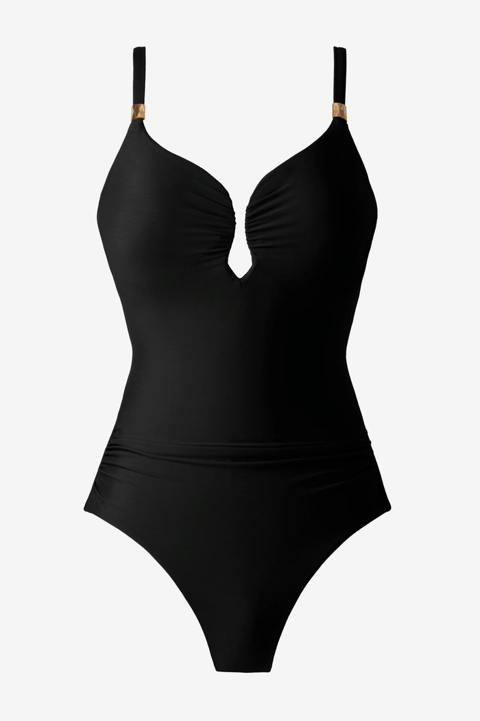 Black one-piece swimsuit with gold tone accents