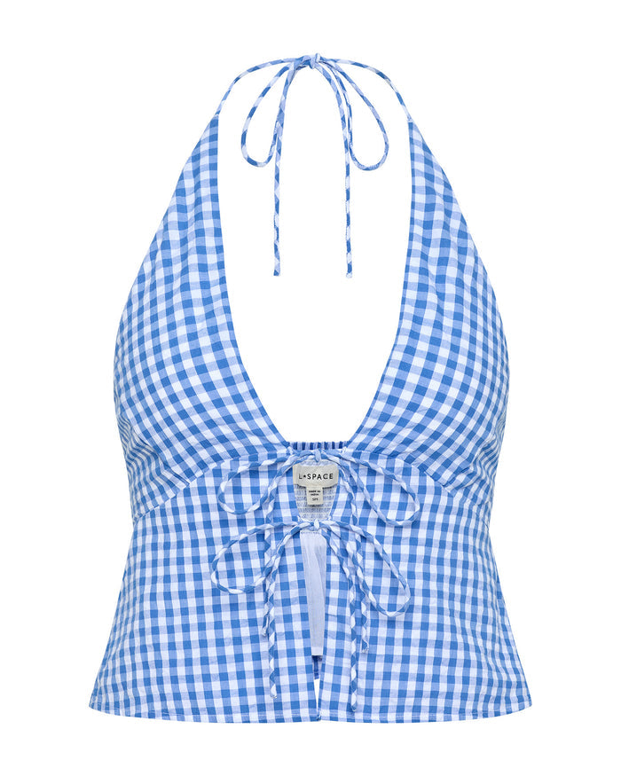 Off-model view of the LSPACE April Top in morning gingham, displayed flat to show the halter neck tie, deep V-neckline, and blue-and-white gingham print with a lace-up front closure.