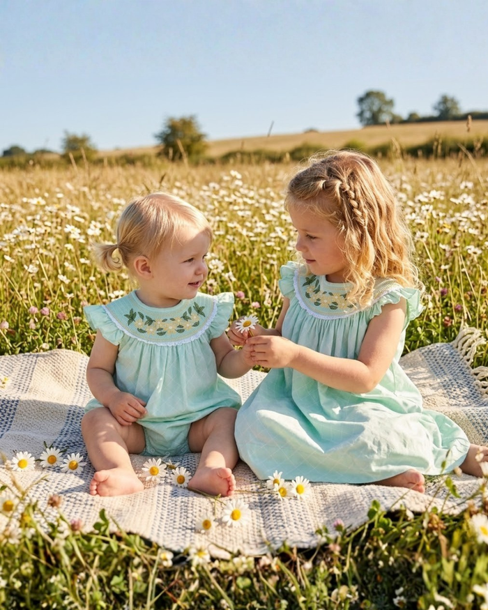 Aqua Daisy Smocked Romper - Lil Cactus