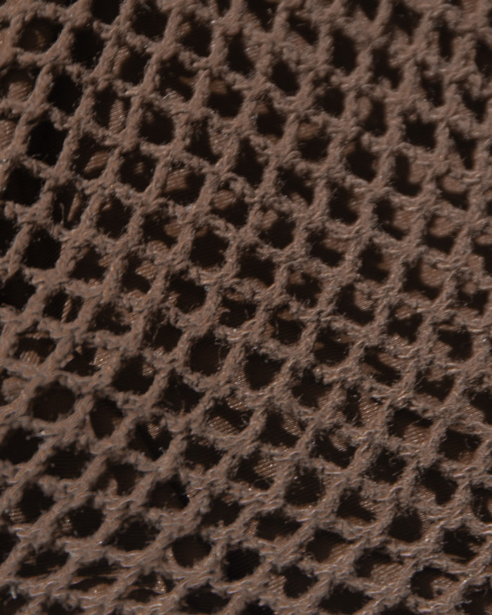 Close-up detail of the LSPACE espresso Aspen Bikini Top, showing the open diamond-weave mesh fabric texture.