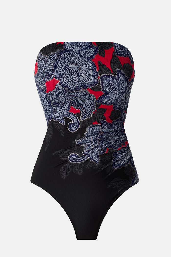 Multicolored abstract floral printed bandeau one-piece swimsuit
