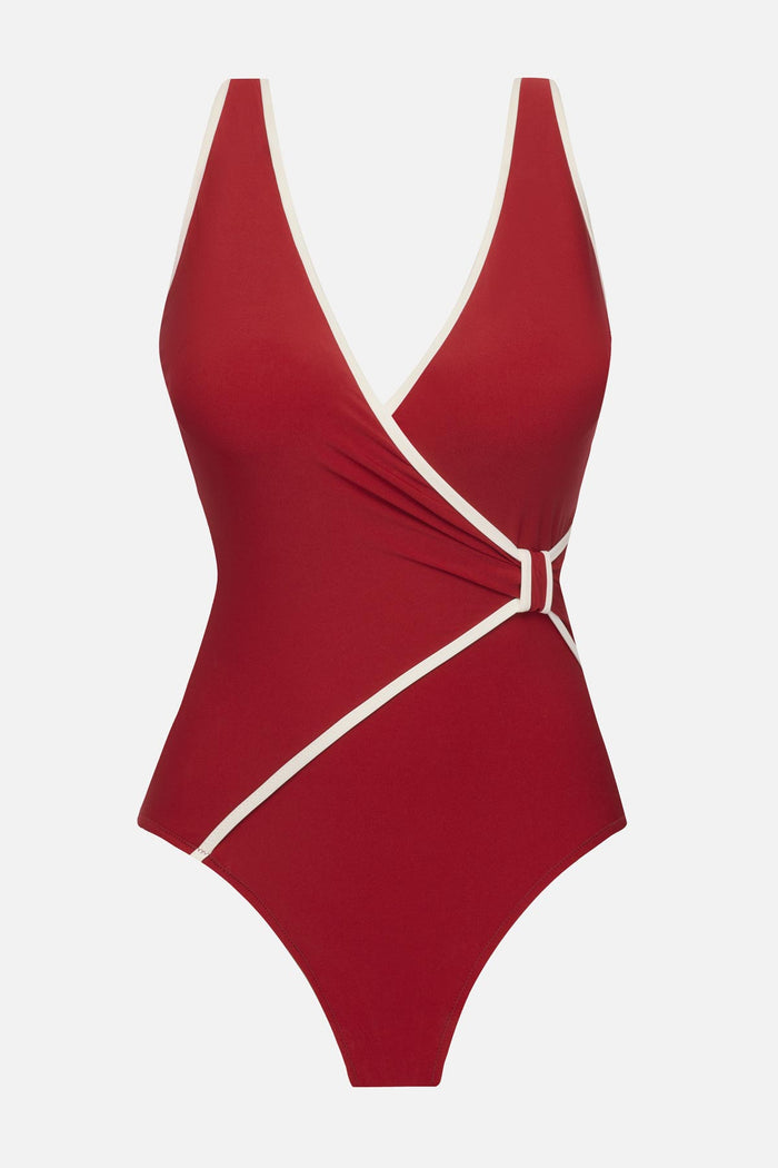 Cherry red one-piece swimsuit with white piping on the edges