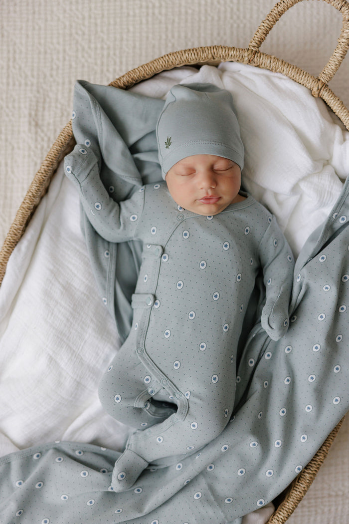 Baby Boy Footie & Hat – Blue – Floral Dot