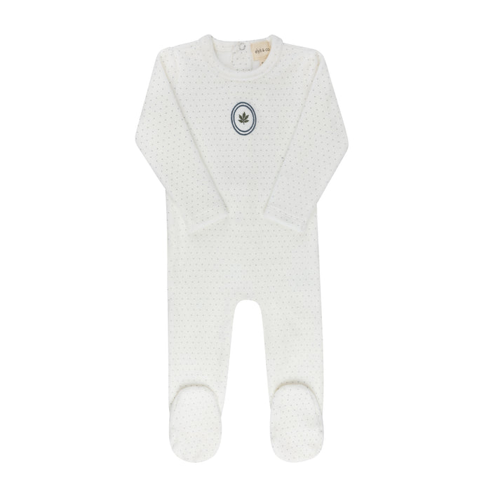 Baby Boy Footie – Ivory Blue – Embroidered Floral Dot