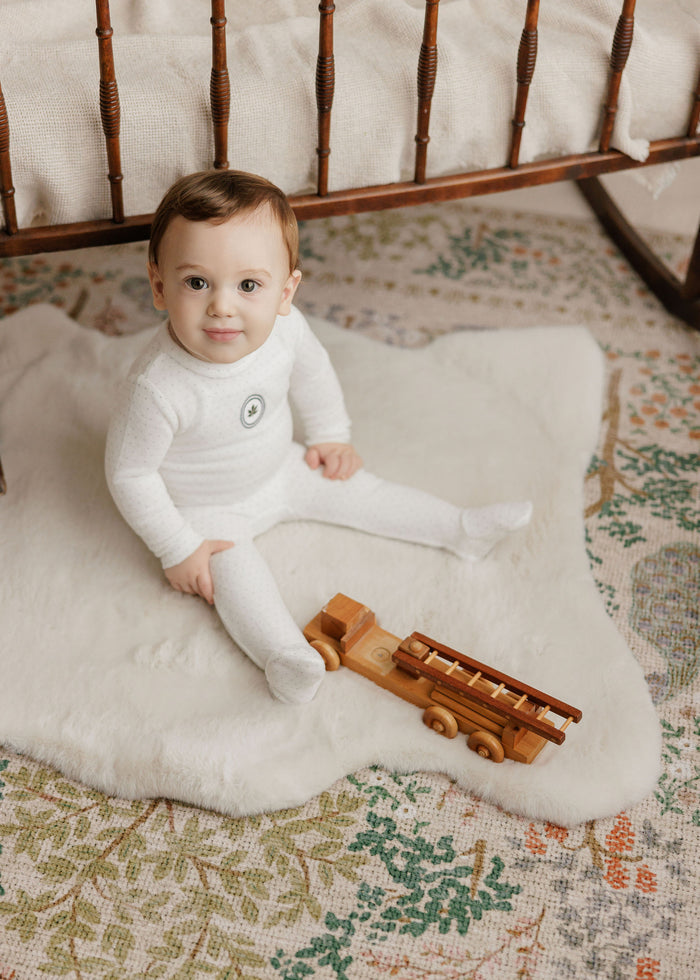 Baby Boy Footie – Ivory Blue – Embroidered Floral Dot