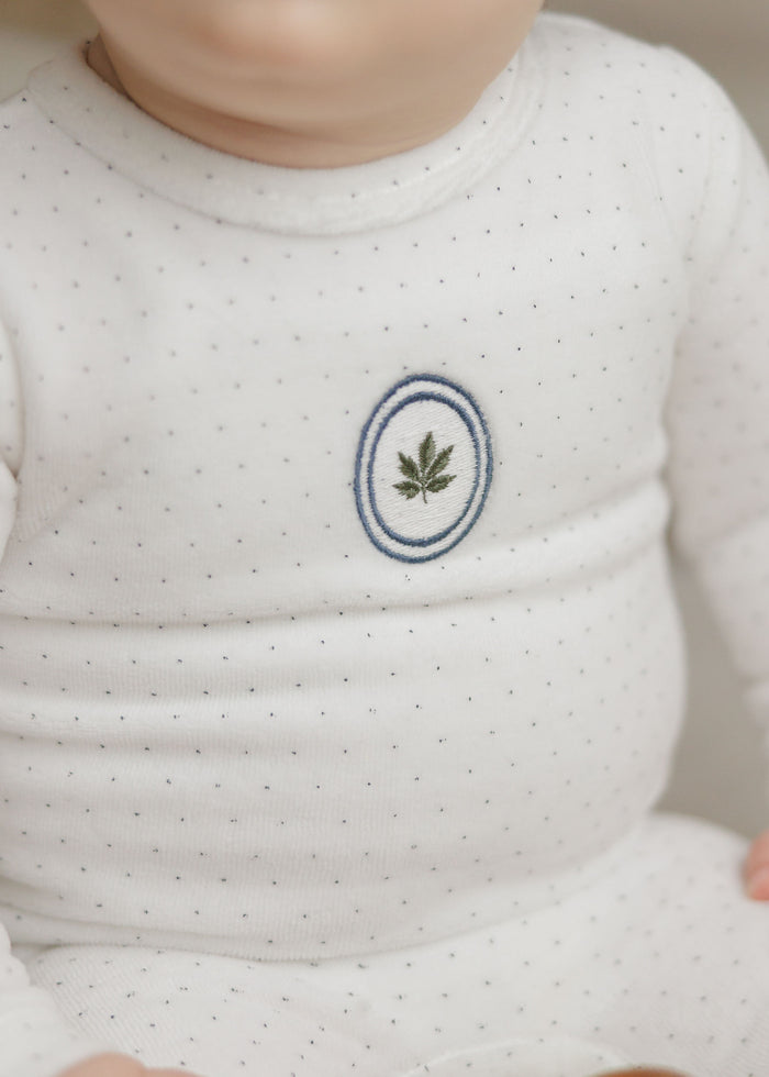 Baby Boy Footie – Ivory Blue – Embroidered Floral Dot
