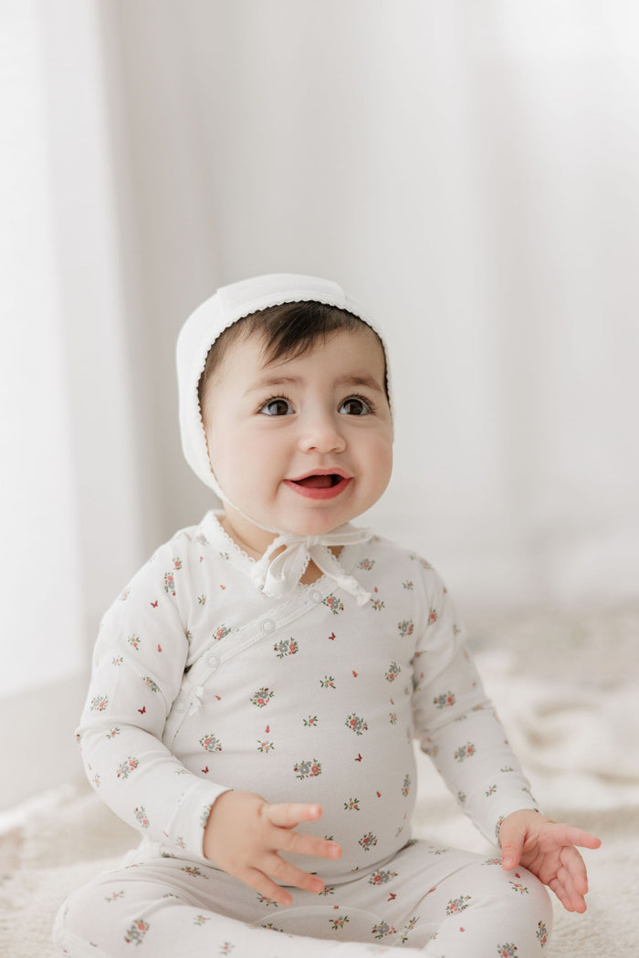 Baby Girl Footie and Bonnet – Ivory Pink – Floral Print
