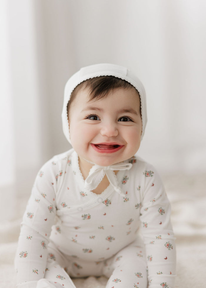 Baby Girl Footie and Bonnet – Ivory Pink – Floral Print