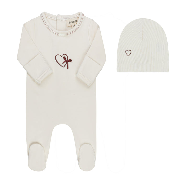Baby Girl Footie & Beanie – Ivory/Burgundy – Heart & Star