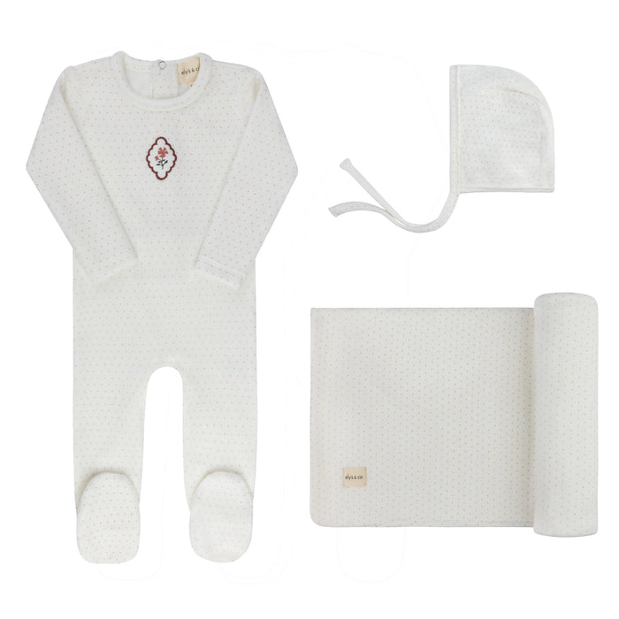 Baby Girl Layette Set – Ivory Pink – Embroidered Floral Dot