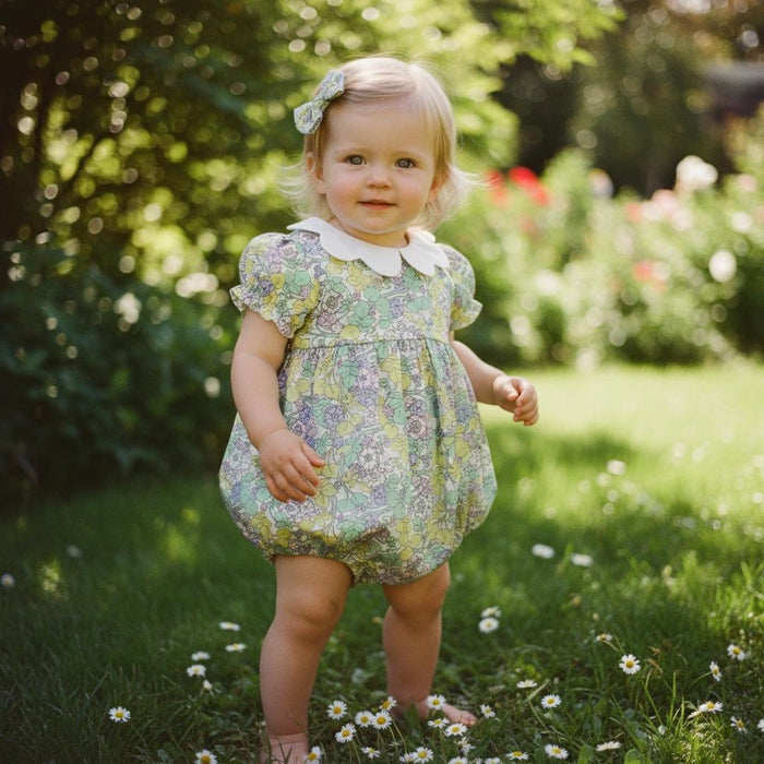Baby Girl Liberty London Romper, Floral Bubble Onesie, Scallop Collar