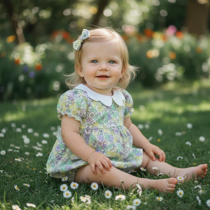 Baby Girl Liberty London Romper, Floral Bubble Onesie, Scallop Collar
