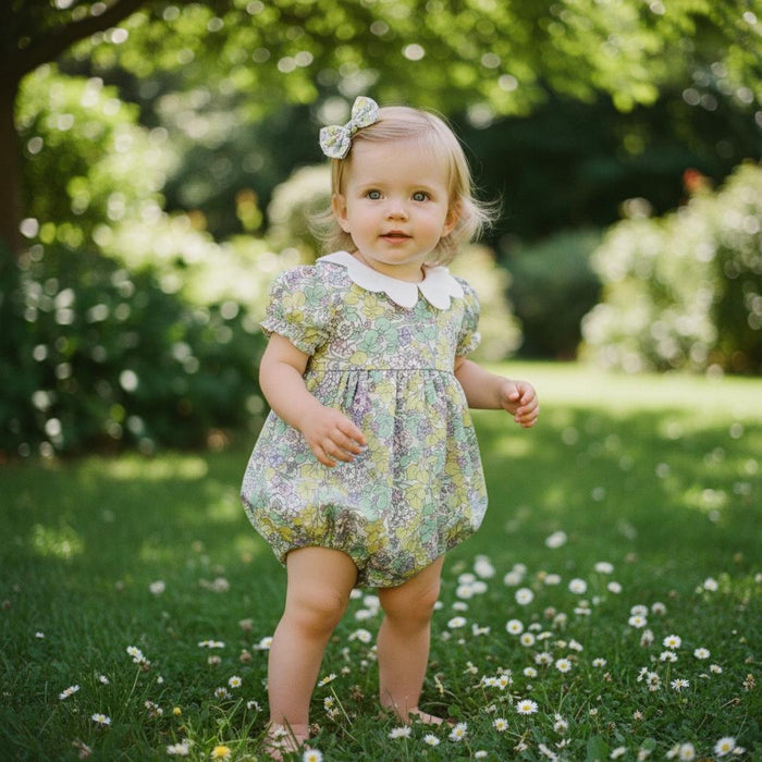 Baby Girl Liberty London Romper, Floral Bubble Onesie, Scallop Collar