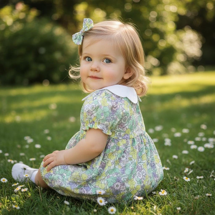 Baby Girl Liberty London Romper, Floral Bubble Onesie, Scallop Collar