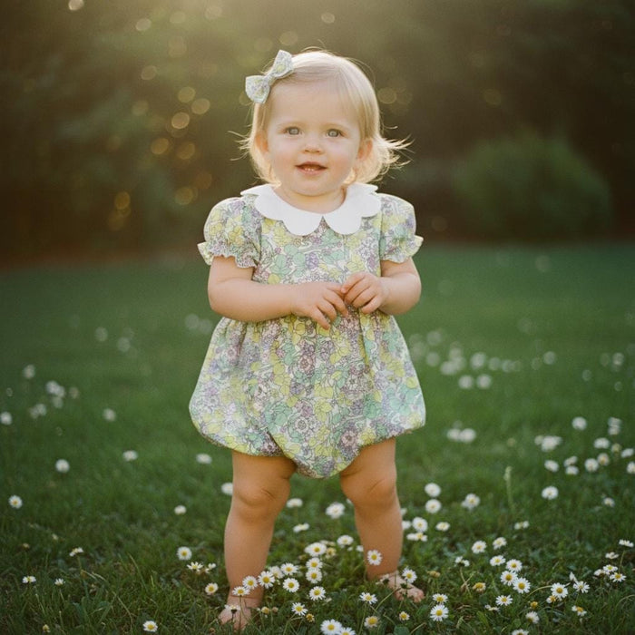 Baby Girl Liberty London Romper, Floral Bubble Onesie, Scallop Collar