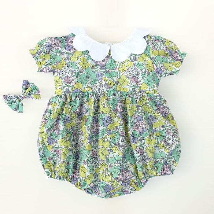 Baby Girl Liberty London Romper, Floral Bubble Onesie, Scallop Collar