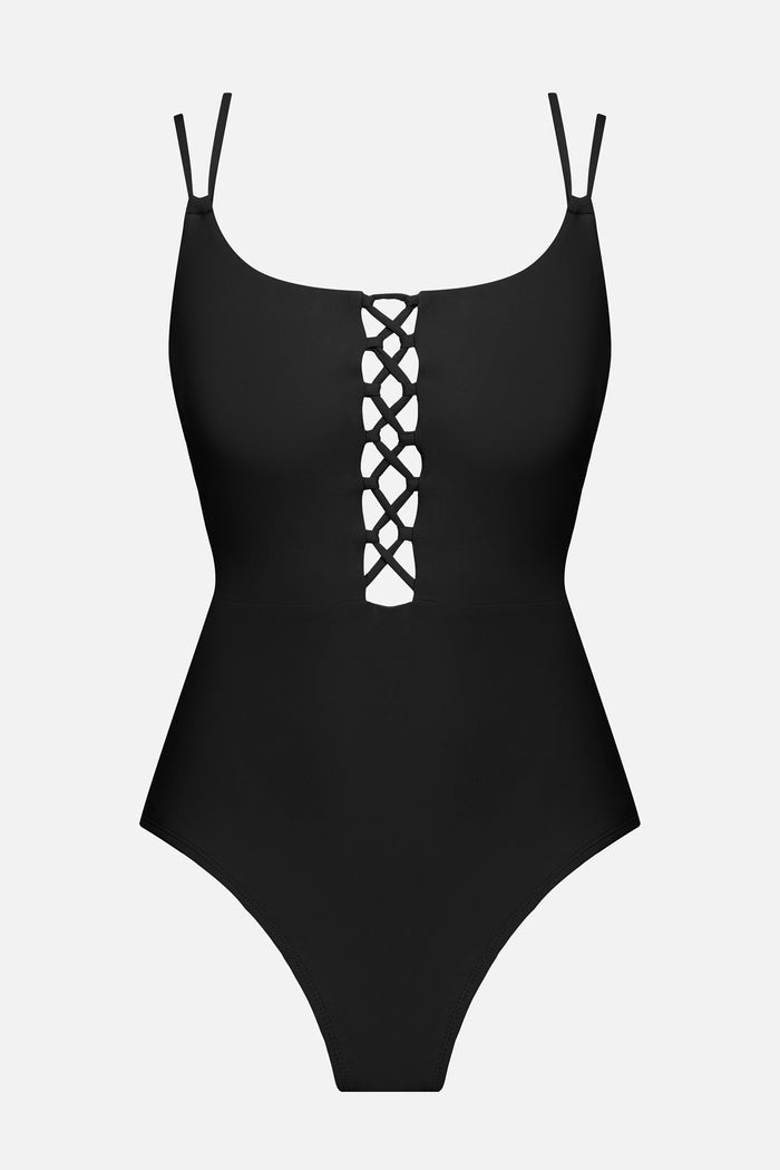 Black one-piece swimsuit with double straps and a lattice front