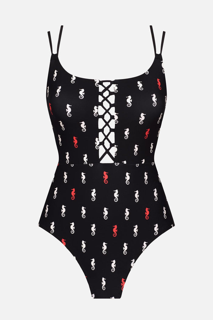 Black one-piece swimsuit with a red and white seahorse print