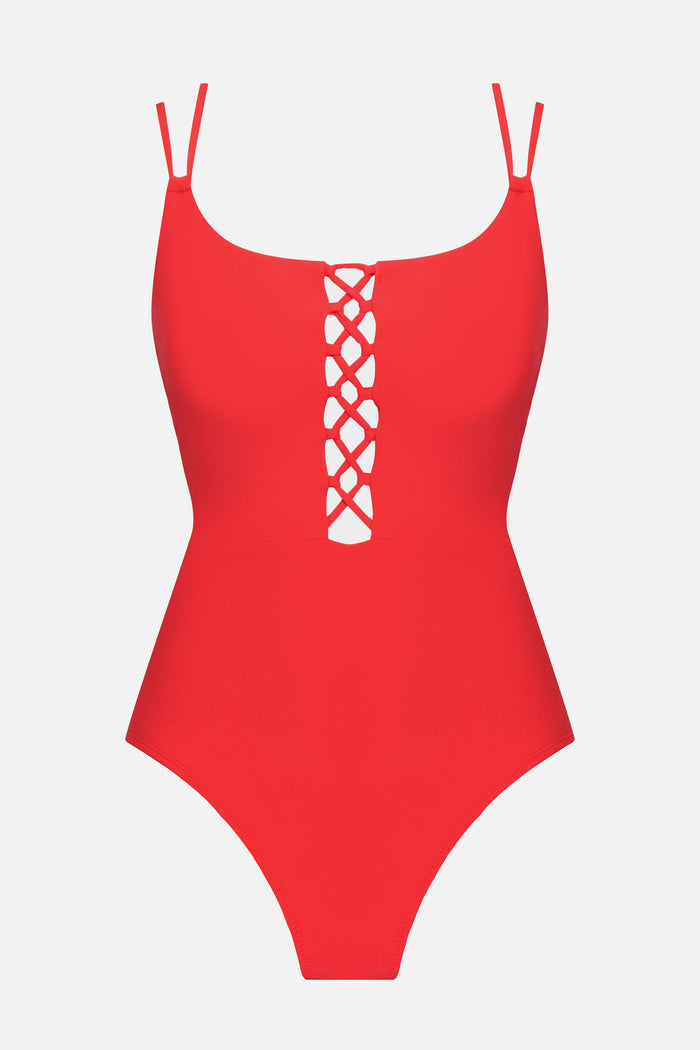 Orange one-piece swimsuit with double straps and lattice front