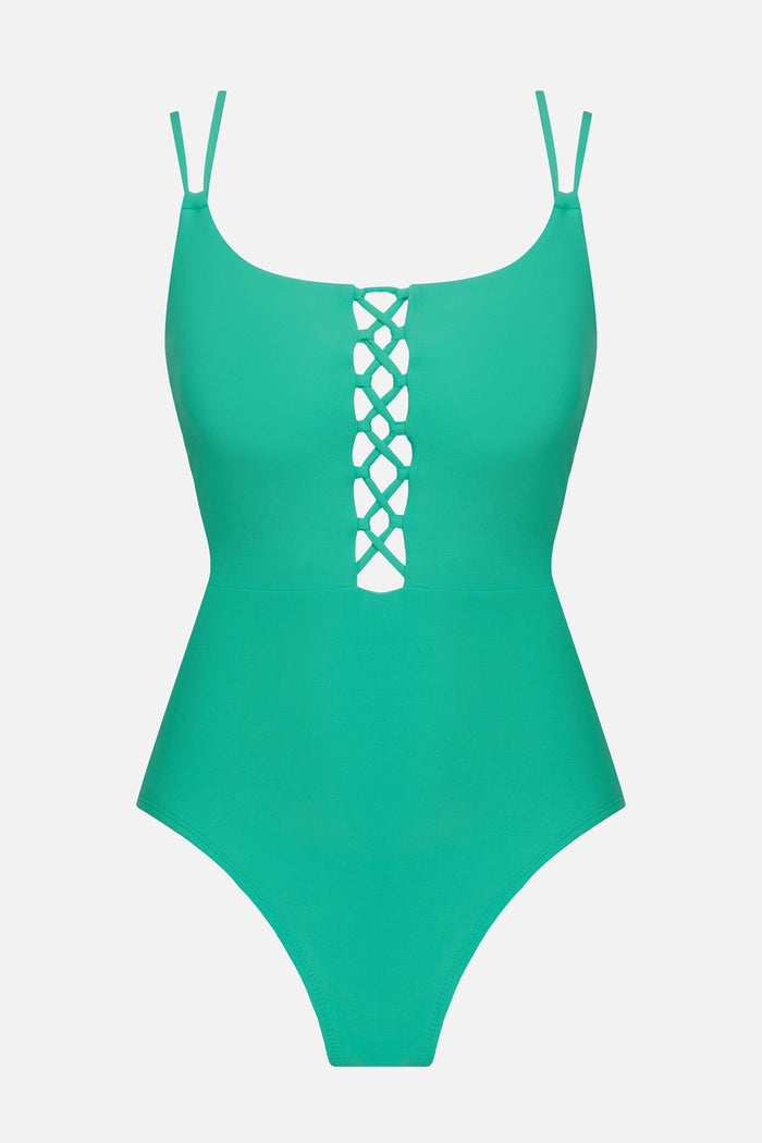Seafoam green one-piece swimsuit with double straps and lattice front