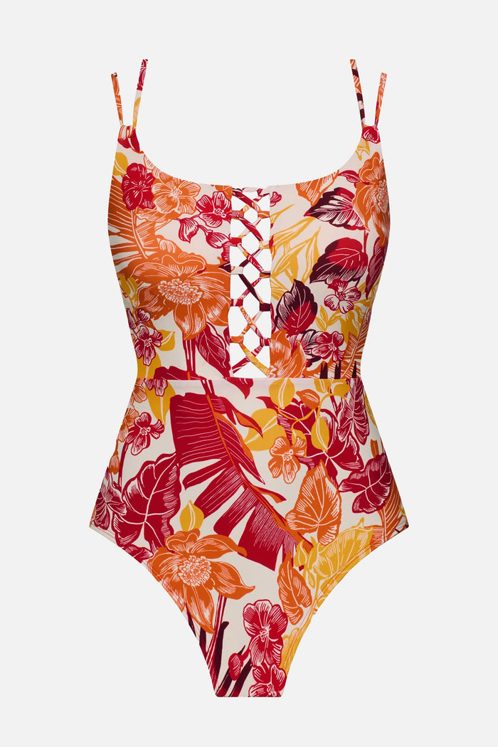 Multicolored palm leaf printed one-piece swimsuit with lattice down the front