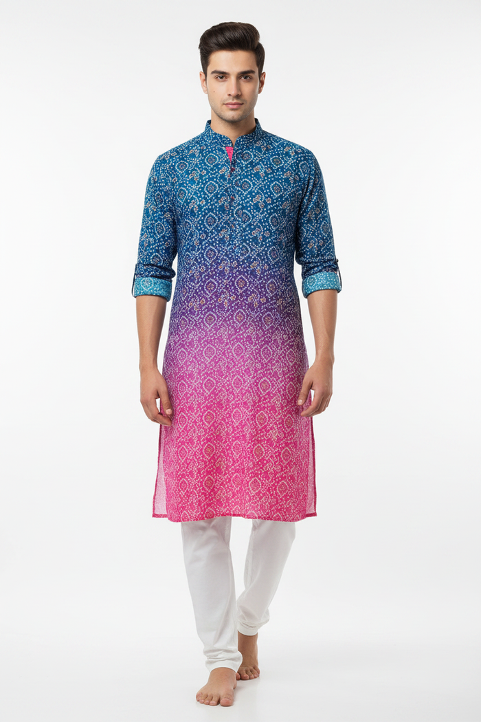 Bandhani Ombre Kurta Teal to Pink