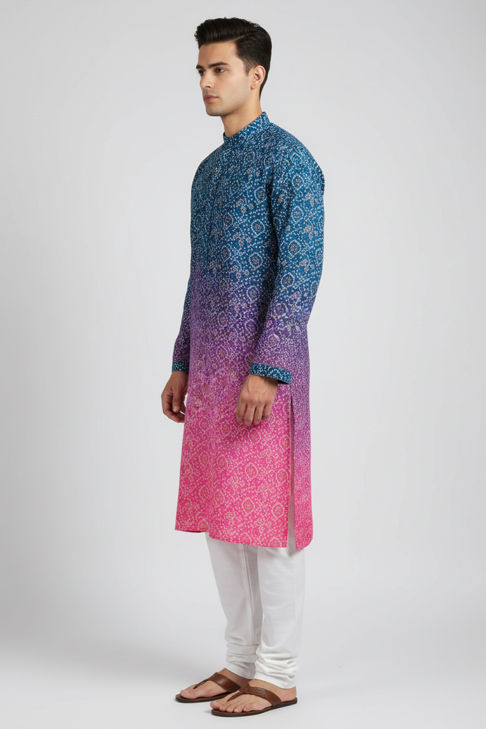 Bandhani Ombre Kurta Teal to Pink