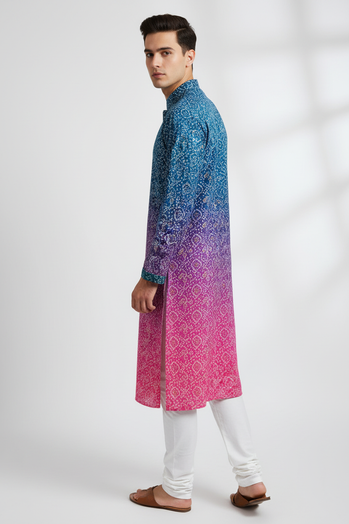 Bandhani Ombre Kurta Teal to Pink