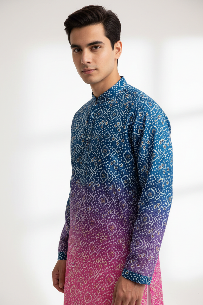 Bandhani Ombre Kurta Teal to Pink