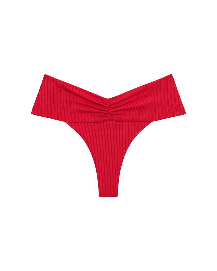 Off-model front view of the LSPACE flame Bardot Bikini Bottom on a flat surface, showing the V-shaped ruched waistband detail.