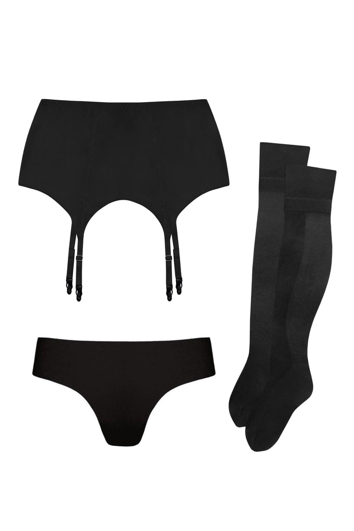 Basic black set: garter belt+seamless brazilian+stockings