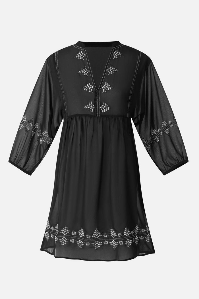 Black beach dress swim cover up with geometric details along the edges