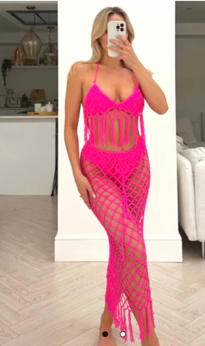 BEACH LOOK PINK CROTCHET LONG SKIRT CO ORD - Style Heist