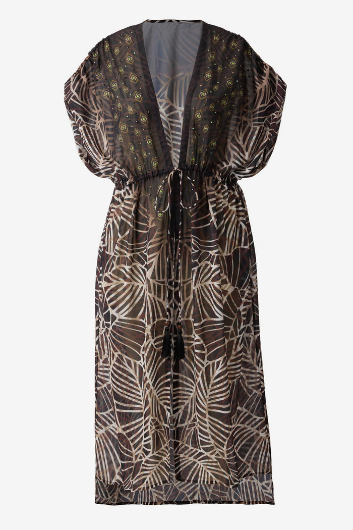 Brown printed kimono swim cover up