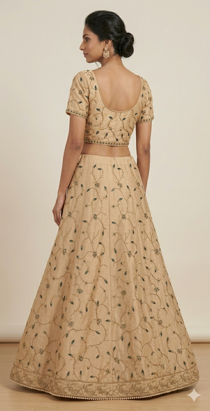 Beige Embroidered Lehenga Set with Deep Green Organza Dupatta