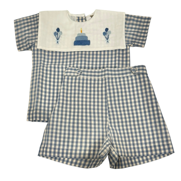 Birthday Boy Gingham French Knot Blue 2-Piece Set