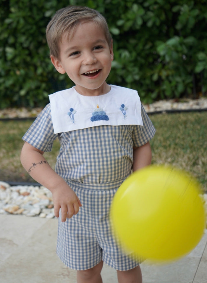 Birthday Boy Gingham French Knot Blue 2-Piece Set