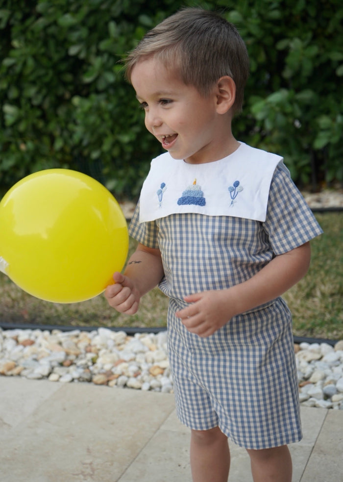Birthday Boy Gingham French Knot Blue 2-Piece Set