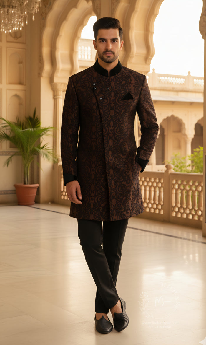 Black Sherwani with Brown Jacquard Design