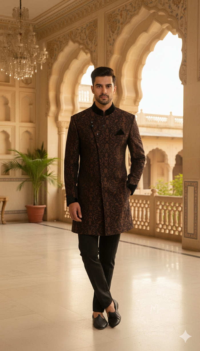 Black Sherwani with Brown Jacquard Design