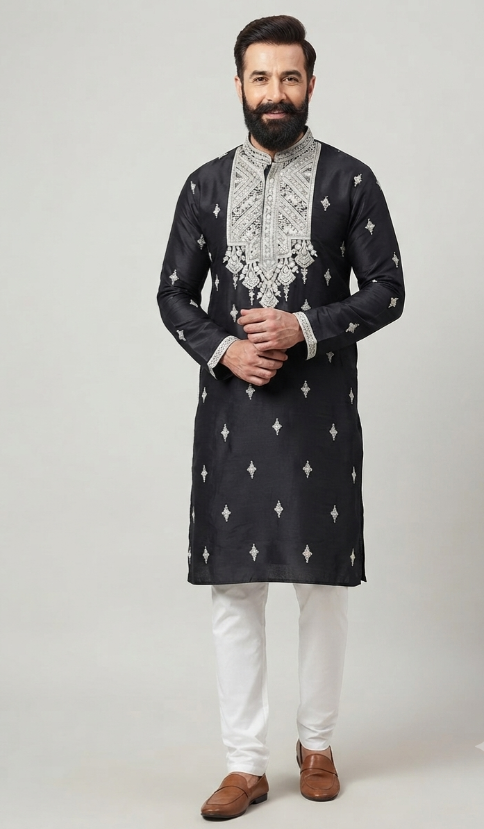 Black Silk Embroidered Kurta Set