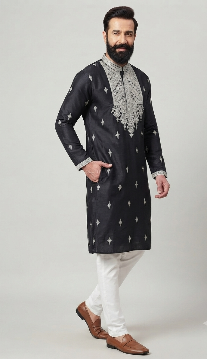 Black Silk Embroidered Kurta Set
